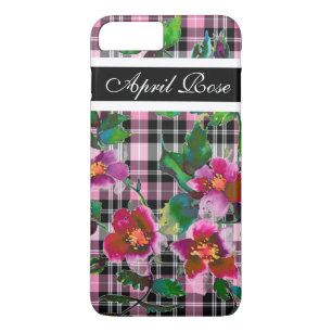 Vintage rose black/pink plaid  monogrammed Case-Mate iPhone case