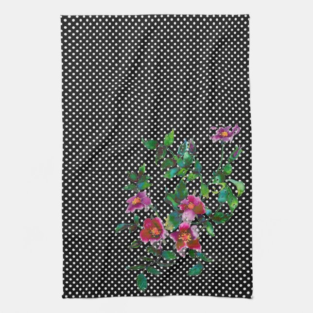 Vintage Rose black/white polka-dots Kitchen Towel (Vertical)