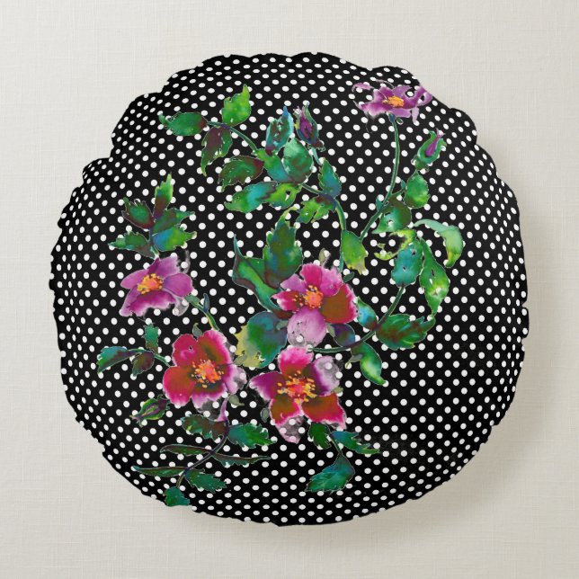 Vintage  Rose black/white polka-dots Round Pillow (Front)