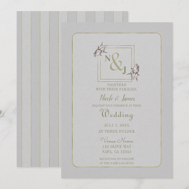 Vintage Rose Botanical Natural Rustic Gold Wedding Invitation (Front/Back)