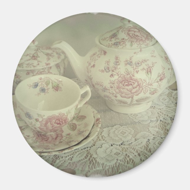 Vintage Rose Chintz Teapot, Cup Magnet (Front)