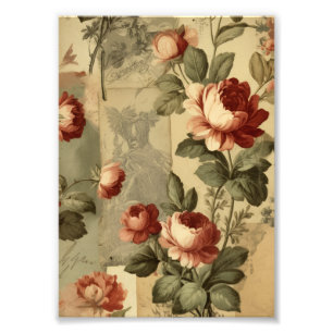 Vintage Rose Collage – Red and White Roses on Aged Photo Print