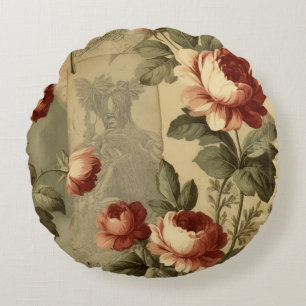 Vintage Rose Collage – Red and White Roses on Aged Round Pillow