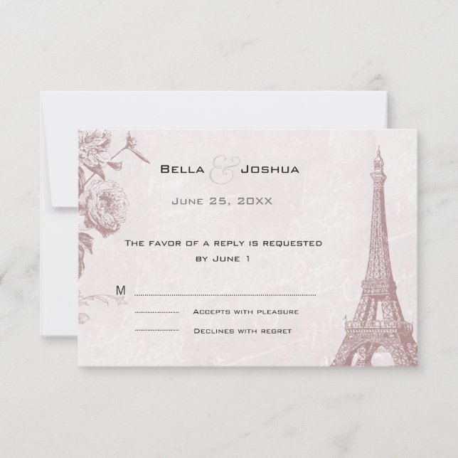 Vintage Rose Colour Eiffel Tower RSVP Card (Front)