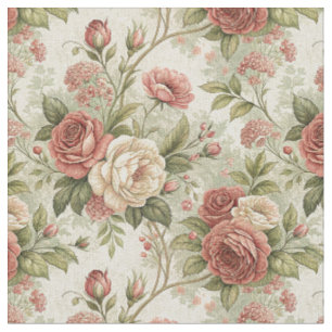 Vintage Rose & Cream Floral Botanical Pattern Art Fabric