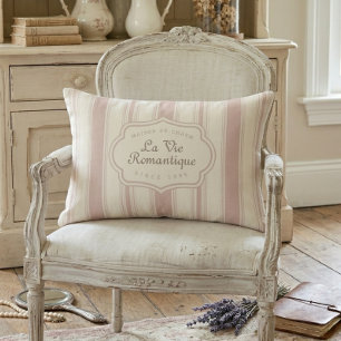Vintage Rose & Cream Striped French Country Lumbar Pillow