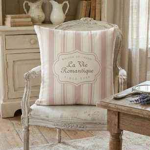 Vintage Rose & Cream Striped French Country Throw Pillow