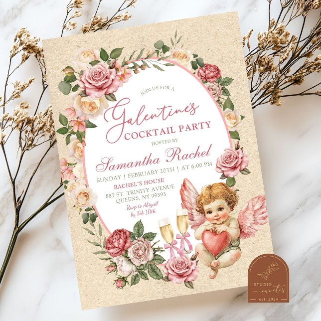 Vintage Rose Cupid Galentine's Cocktail party Invitation (Creator Uploaded)