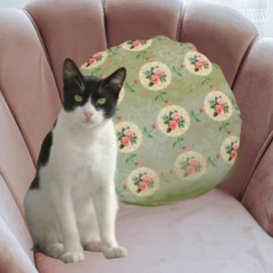 Vintage Rose Doily Green Damask Round Pillow