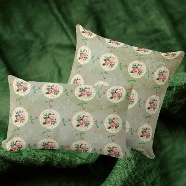 Vintage Rose Doily Green Damask Throw Pillow (3 sizes available)