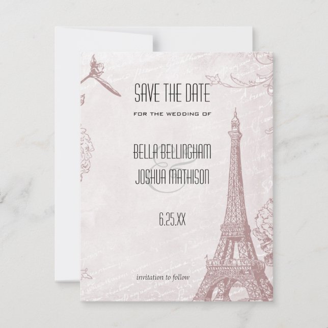 Vintage Rose Eiffel Tower Save the Date (Front)