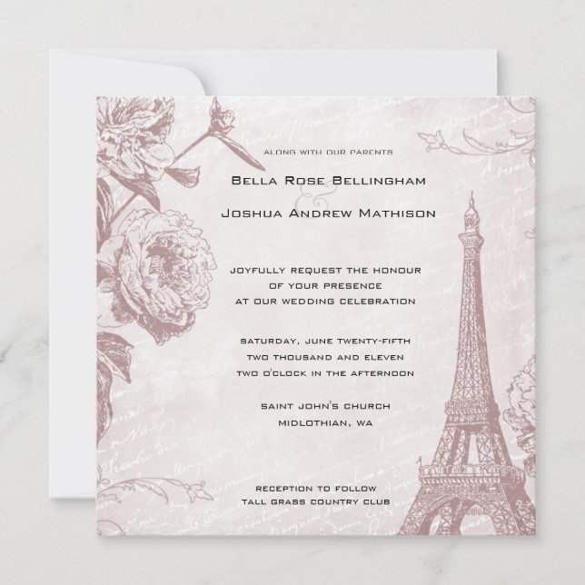 Vintage Rose Eiffel Tower Wedding Invitation (Front)