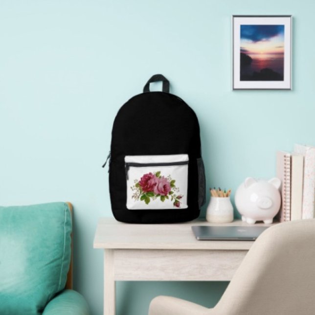 Vintage Rose Elegance  Printed Backpack (Backpack – D: 17"x12.5"x5" Two-chamber design with laptop storage pouch. Mesh side pocket.)