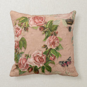 Vintage Rose Floral Bouquet Flowers Bee n Ephemera Throw Pillow