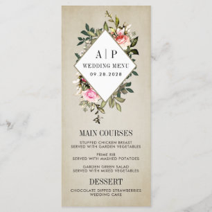 Vintage Rose Floral Greenery Wedding Menu Cards
