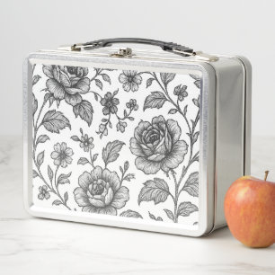 Vintage Rose Floral Pattern Metal Lunch Box
