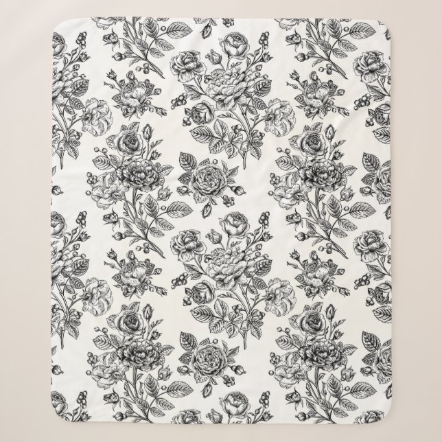 Vintage Rose Floral Pattern Sherpa Blanket (Front)