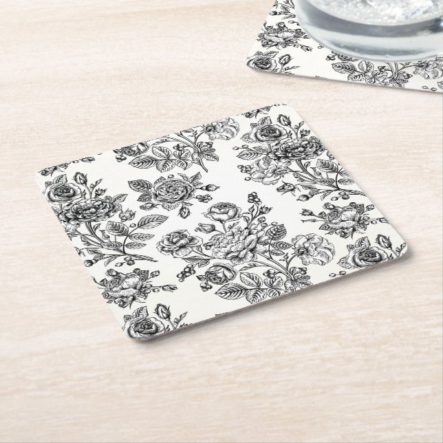 Vintage Rose Floral Pattern Square Paper Coaster (Angled)