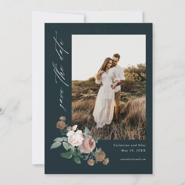Vintage rose floral wedding photo save the date invitation (Front)