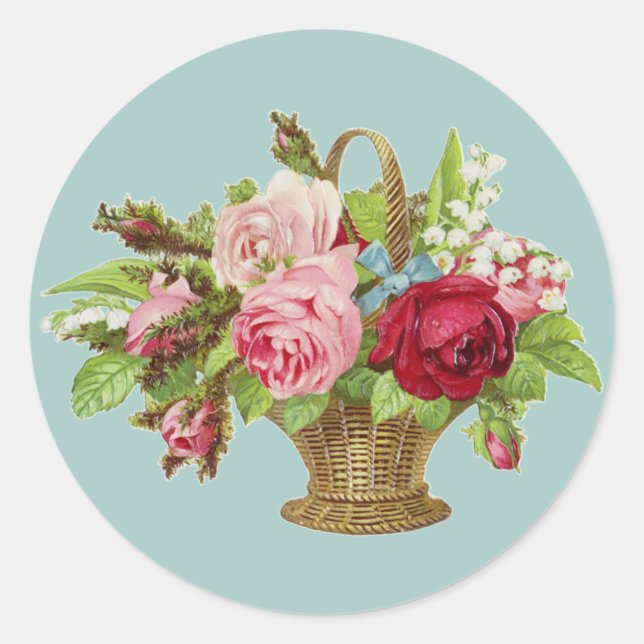 Vintage Rose Flower Basket Classic Round Sticker (Front)