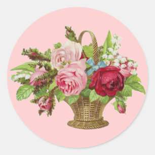 Vintage Rose Flower Basket Classic Round Sticker