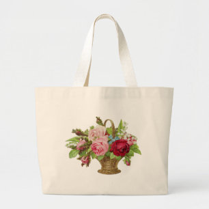 Vintage Rose Flower Basket Large Tote Bag