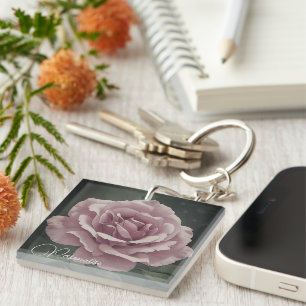 Vintage Rose Flower Dusky Pink Green Floral Keychain