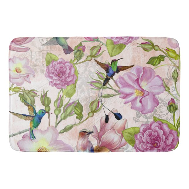 Vintage Rose Flowers & Hummingbirds pattern Bath Mat (Front)