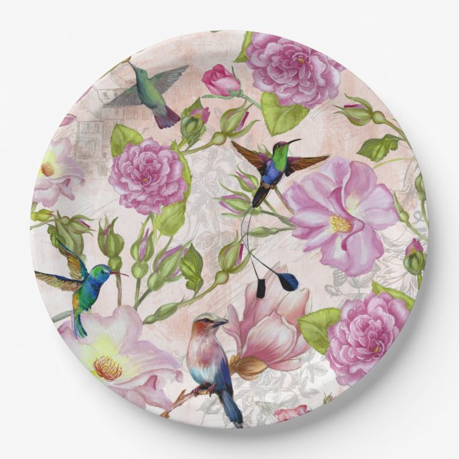 Vintage Rose Flowers & Hummingbirds pattern Paper Plate (Front)