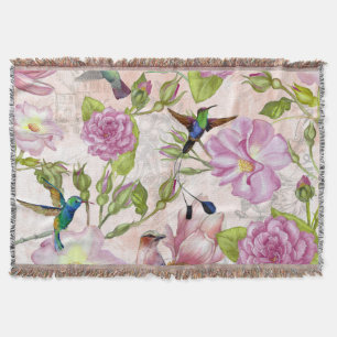Vintage Rose Flowers & Hummingbirds pattern Throw Blanket