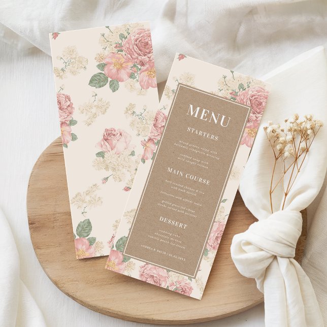 Vintage Rose Garden Floral & Kraft Wedding Menu (Creator Uploaded)