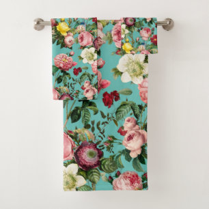 Vintage rose garden in teal background bath towel set