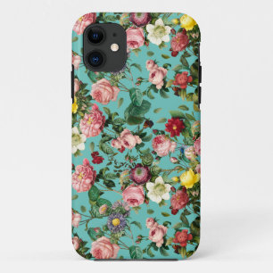 Vintage rose garden in teal background iPhone 11 case