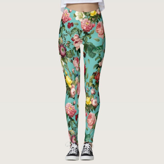Vintage rose garden in teal background leggings (Front)