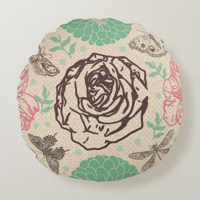 Vintage Rose Garden Pattern Round Pillow (Front)
