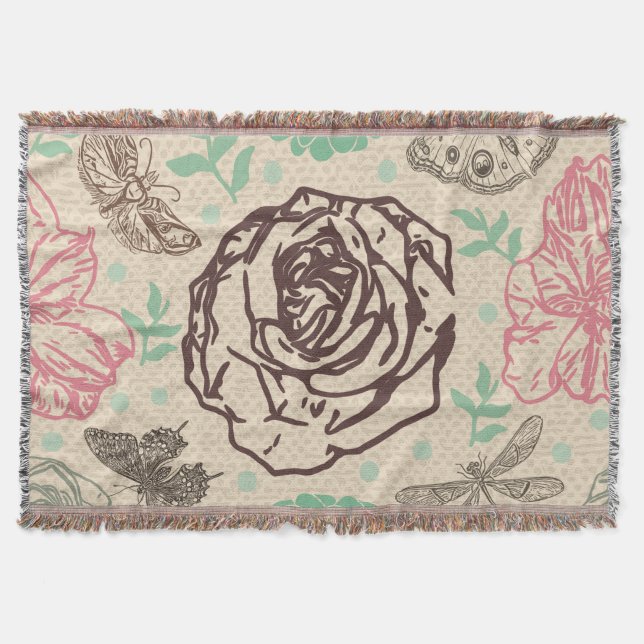 Vintage Rose Garden Pattern Throw Blanket (Front)