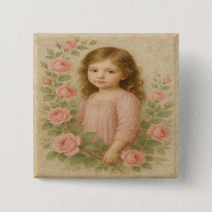 Vintage Rose Girl Portrait 2 Inch Square Button