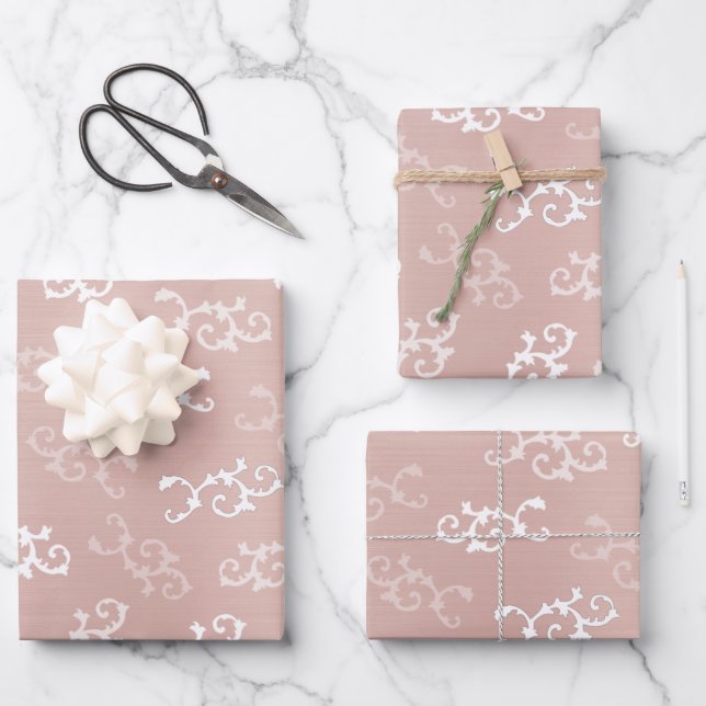 Vintage Rose Gold Damask Pattern Wrapping Paper Sheet (Front)
