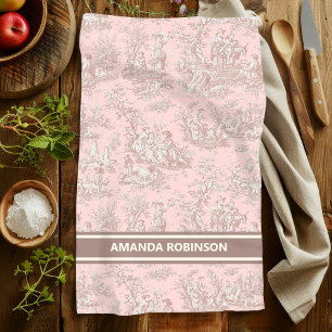 Vintage Rose Gold French Toile de Jouy Pattern Kitchen Towel