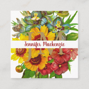 Vintage Rose Gold Initials Sunflowers Square Business Card