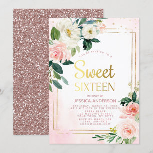 Vintage Rose Gold Pink Glitter Sweet Sixteen Invitation