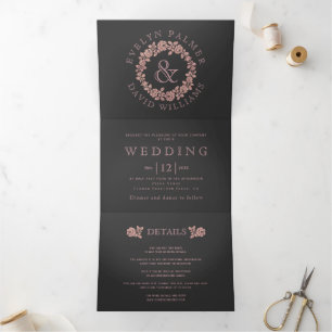 Vintage rose gold roses charcoal grey wedding Tri-Fold invitation