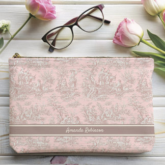 Vintage rose gold toile de jouy printed accessory pouch