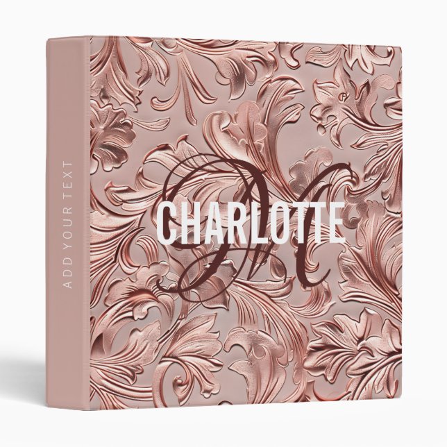 Vintage rose gold tooled leather monogram name binder (Front/Spine)