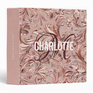 Vintage rose gold tooled leather monogram name binder