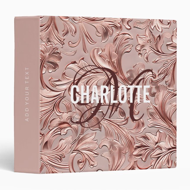 Vintage rose gold tooled leather monogram name binder (Front/Spine)