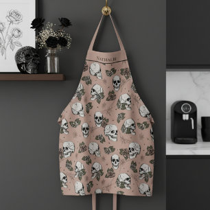 Vintage Rose Gothic Skulls and Roses Custom Name Apron