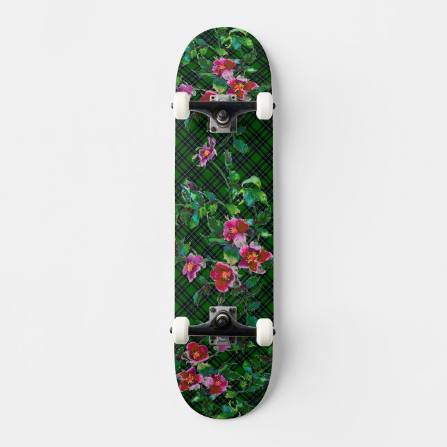 Vintage Rose - green plaid Skateboard (Front)