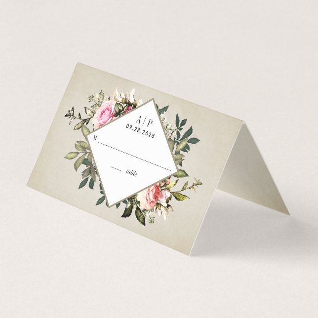 Vintage Rose Greenery Wedding Tent Place Cards (Front)
