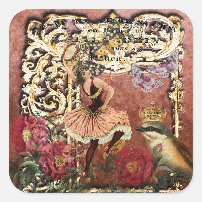 Vintage Rose Gypsy Dancer French Collage Square Sticker (Front)